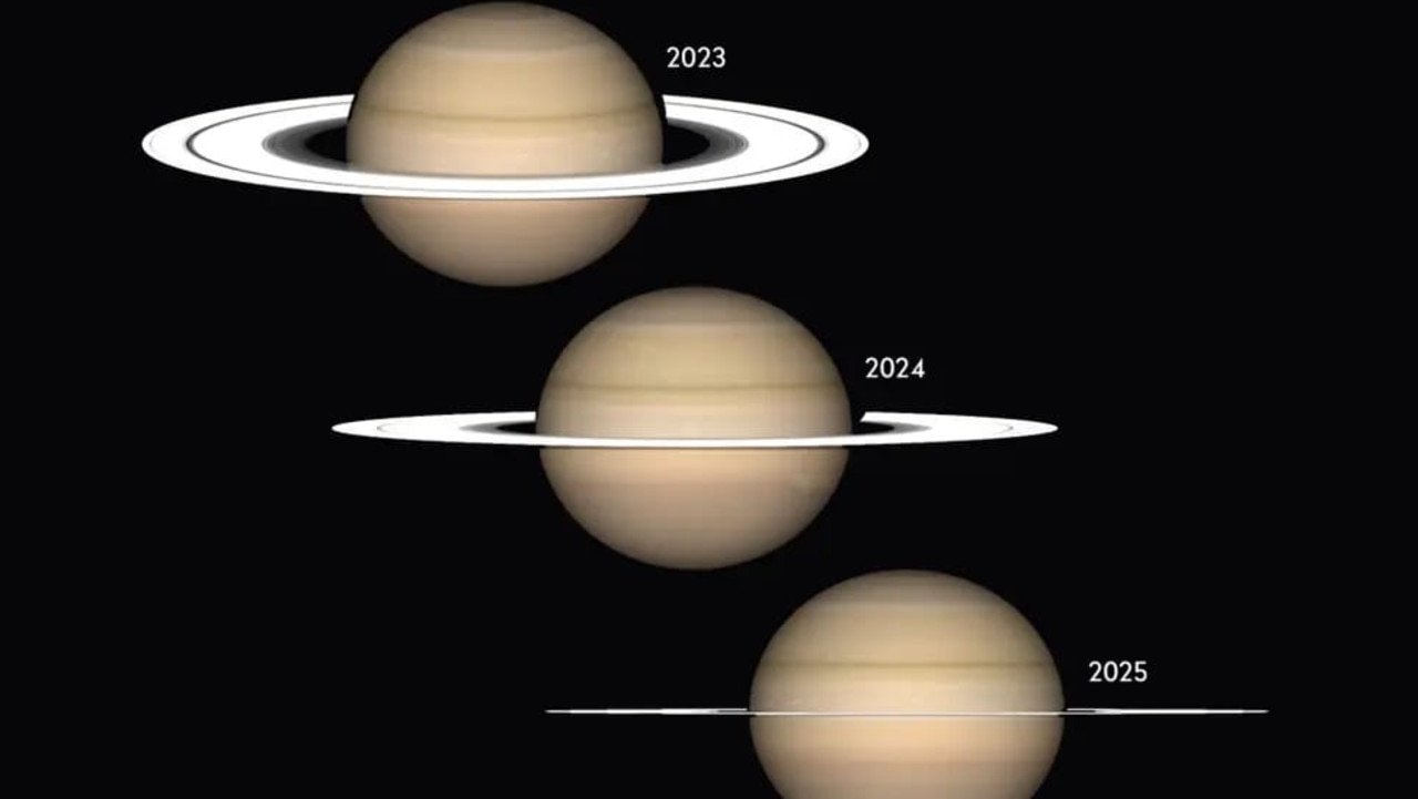 This graphic from NASA shows how Saturn's rings will disappear from view by 2025