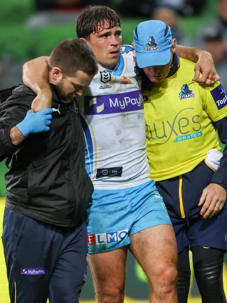 Aaron Booth is helped from the field in 2022. Picture: Asanka Ratnayake/NRL Photos