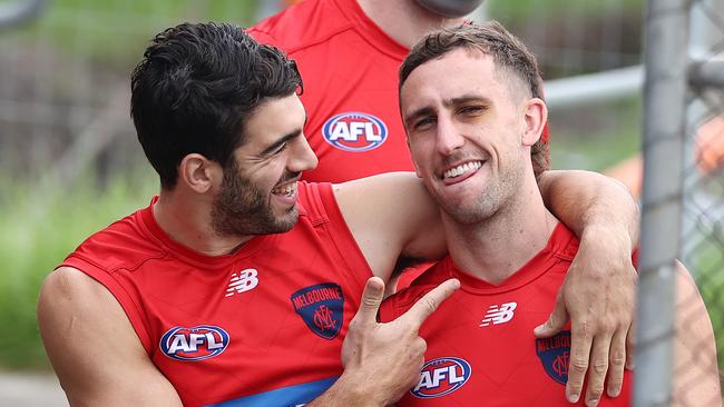 Christian Petracca with Luke Dunstan, who has missed a two-week window to fill Oliver’s spot due to a knee injury. Picture: Michael Klein