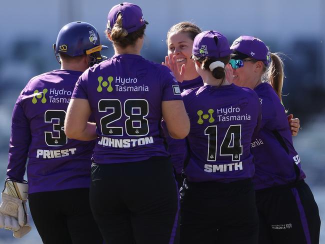 PERTH, AUSTRALIA - NOVEMBER 06: Molly Strano of the Hurricanes celebrates the wicket of Sophie Devine of the Scorchers during the Women's Big Bash League match between the Perth Scorchers and the Hobart Hurricanes at the WACA, on November 06, 2021, in Perth, Australia. (Photo by Paul Kane/Getty Images)