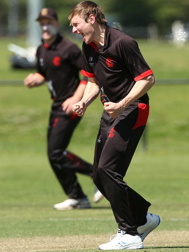 Liam Bowe celebrates a wicket. Picture: Hamish Blair