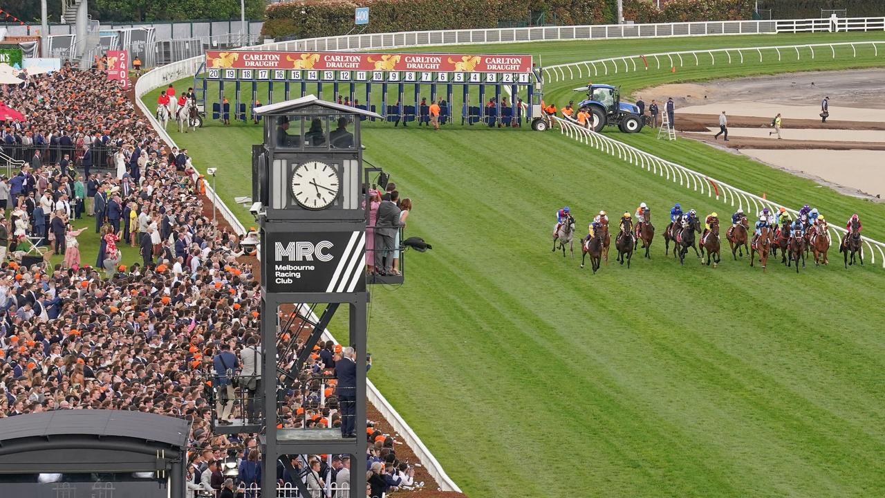 The crowd roars as the Caulfield Cup gets under way. Picture: Scott Barbour-Racing Photos via Getty Images