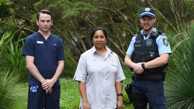 Frontline workers Bradley McEntee, Gayathry Vellangalloor and Lachlan Prichard will be part of the first to receive the COVID-19 vaccine from this week. Picture: NCA NewsWire/Joel Carrett