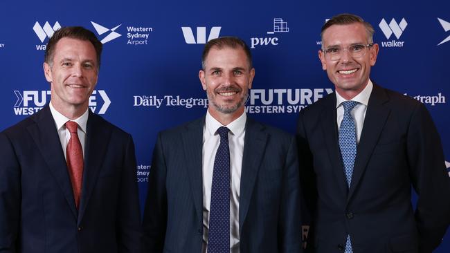 Labor leader Chris Minns (l to r), Editor Ben English and NSW Premier, Dominic Perrottet, at The Daily Telegraph's Future Western Sydney 2023 lunch. Picture: Justin Lloyd