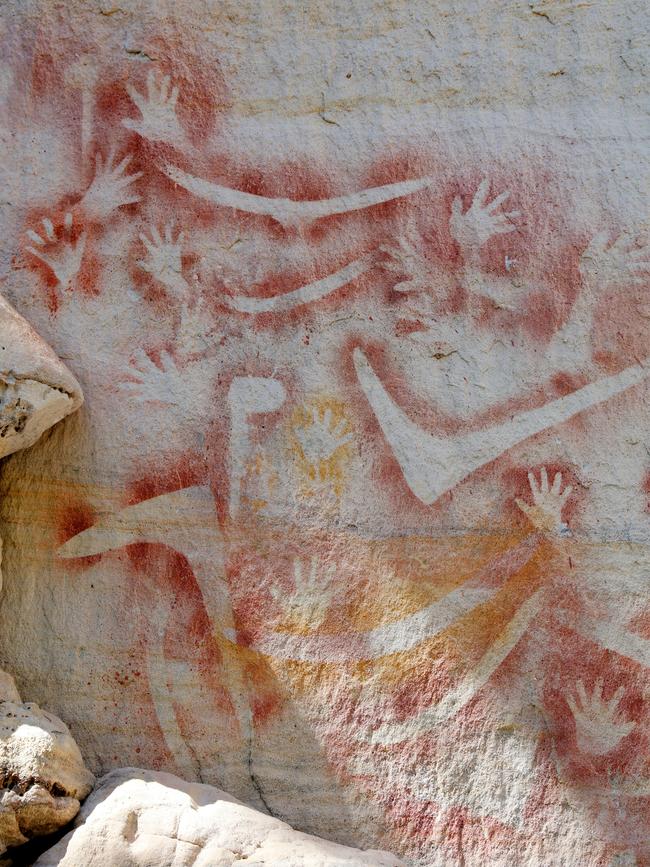 Ochre stencils can be seen at the Art Gallery at Carnarvon Gorge National Park. The art on the Gorge sandstone walls reflects the way of life for Aboriginal people over thousands of years in the rugged terrain 600km west of Brisbane. Picture: Bruce Long