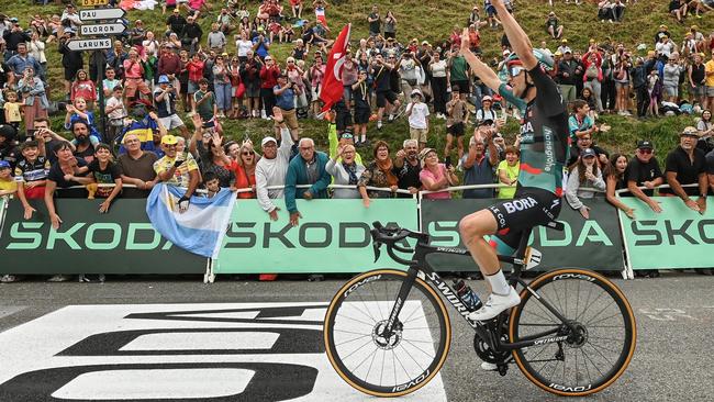 Jai Hindley celebrates at the finish line as stage winner during the stage five of the 110th Tour de France. Picture: Getty