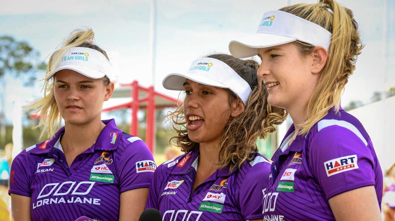 Firebirds, Tippah Dwan, Jemma Mi Mi and Tarah Hinchliffe at Bundaberg. Picture: Brian Cassidy