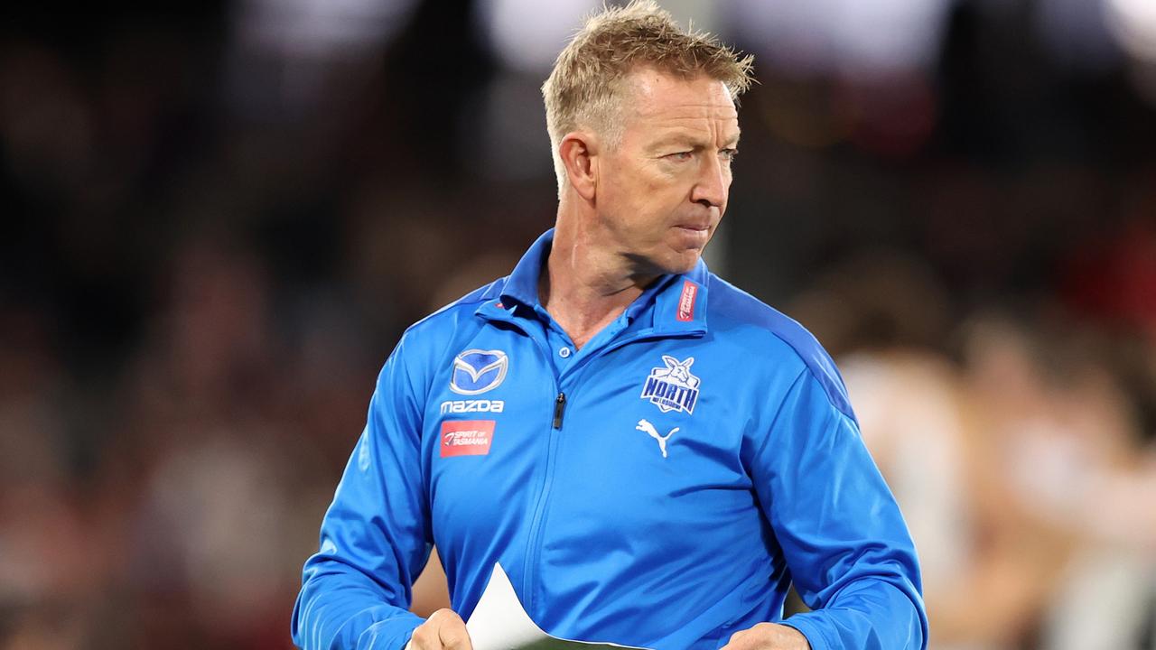 MELBOURNE, AUSTRALIA - MAY 29: Kangaroos coach, David Noble is seen at the break during the round 11 AFL match between the St Kilda Saints and the North Melbourne Kangaroos at Marvel Stadium on May 29, 2022 in Melbourne, Australia. (Photo by Robert Cianflone/Getty Images)