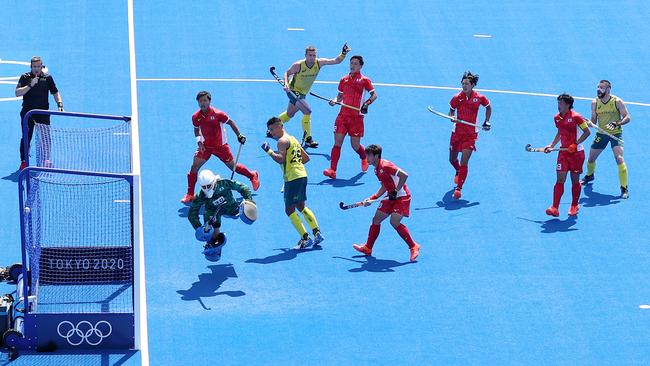 Tim Brand scores a goal for the Kookaburras. Picture: Getty