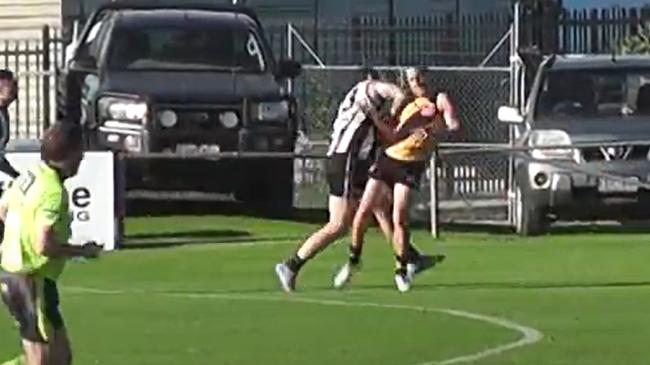 North Geelong's Blake Miller (left) was banned for three matches for a late bump on Bannockburn's Cooper Edwards. Picture: GDFNL game footage