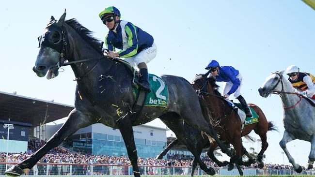 Jockey Luke Currie rides Neufbosc in the Geelong Cup. Picture: AAP Image/Michael Dodge