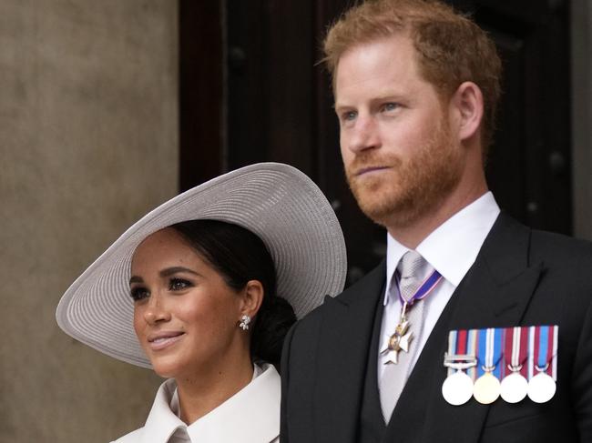 LONDON, ENGLAND - JUNE 03: Prince Harry and Meghan Markle, Duke and Duchess of Sussex leave after a service of thanksgiving for the reign of Queen Elizabeth II at St Paul's Cathedral in London, Friday, June 3, 2022 on the second of four days of celebrations to mark the Platinum Jubilee. The events over a long holiday weekend in the U.K. are meant to celebrate the monarch's 70 years of service. (Photo by Matt Dunham - WPA Pool/Getty Images)