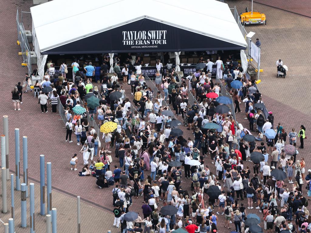 Taylor Swift fans are seen lining up for hours to get merchandise before the next concert, at the Homebush Stadium in Sydney. Picture: NCA NewsWire