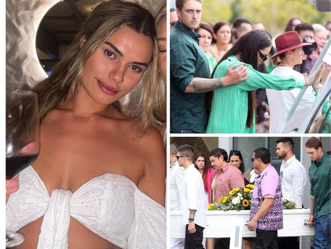 Olyvia Cowley was farewelled on the Gold Coast today, with heartbreaking images from the 24-year-old's funeral showing her sister Hope seen crying over the young woman's coffin.