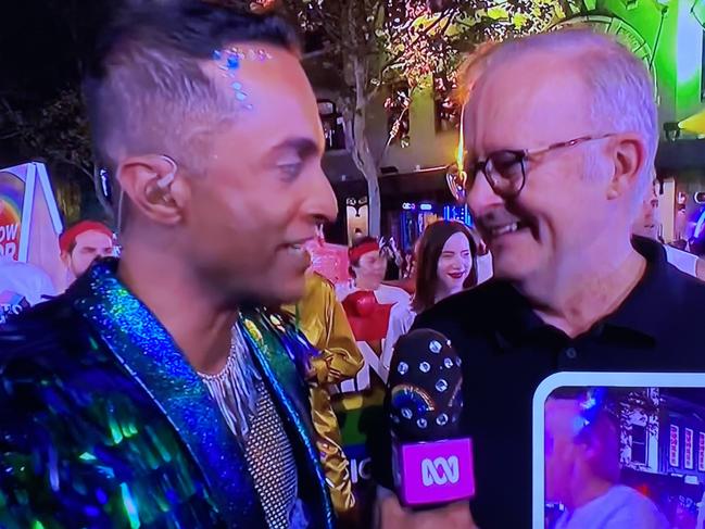 Prime Minister Anthony Albanese being interviewed by ABC’s Jeremy Fernandez during the Sydney Mardi Gras tonight. Pic: ABC