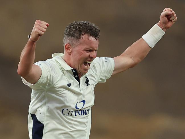 PERTH, AUSTRALIA - MARCH 18: Peter Siddle of Victoria celebrates the wicket of Corey Rocchiccioli of Western Australia and winning the match on day 4 of the Sheffield Shield match between Western Australia and Victoria at the WACA Ground, on March 18, 2025, in Perth, Australia. (Photo by Paul Kane/Getty Images)