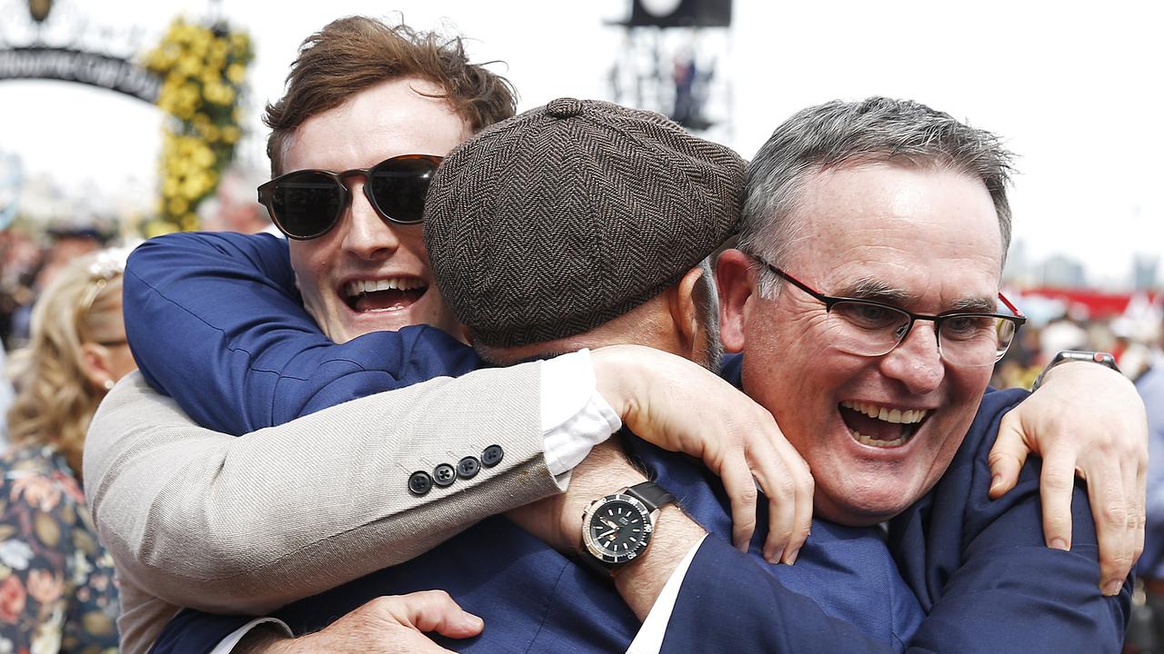 MELBOURNE, AUSTRALIA - NOVEMBER 05: Connections of Vow and Declare celebrate after winning with race 7 the Lexus Melbourne Cup during 2019 Melbourne Cup Day at Flemington Racecourse on November 05, 2019 in Melbourne, Australia. (Photo by Daniel Pockett/Getty Images)