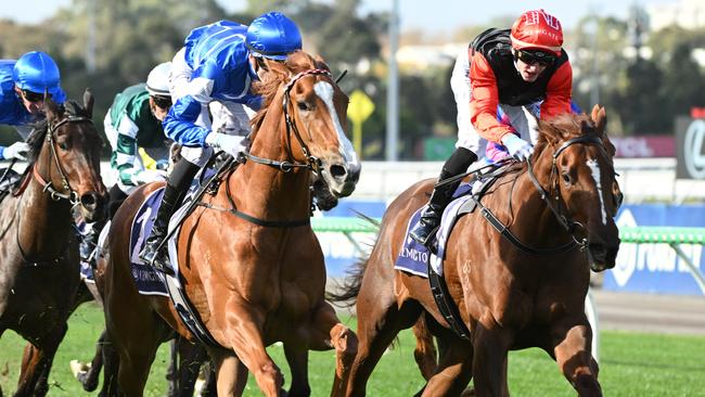 MELBOURNE, AUSTRALIA - JUNE 07: Ben Allen riding Miss Ole (blue) defeats Beau Mertens riding Espana in Race 2, the Brendan Drechsler Handicap during Melbourne Racing at Flemington Racecourse on June 07, 2025 in Melbourne, Australia. (Photo by Vince Caligiuri/Getty Images)