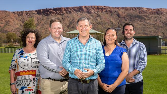 Cheif Minister Michael Gunner flanked by new labor candidates Jackson Ankers (candidate for Araluen) and Sheralee Taylor (candidate for Namatjira), former Member for Braitling Dale Wakefield, and Member for Namatjira Chansey Paech. Photo: EMMA MURRAY