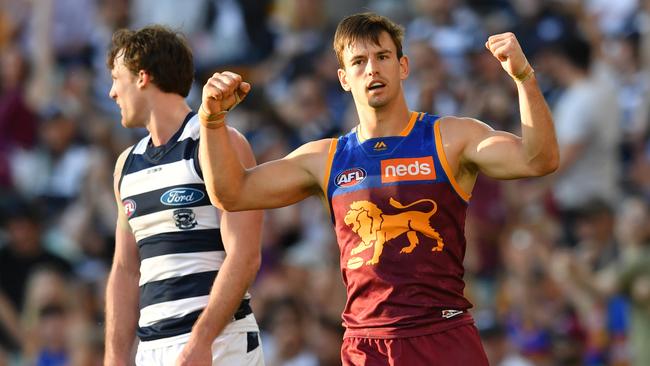 Lyons (right) celebrates kicking a goal in Brisbane’s thrilling victory over the Cats last Saturday. Picture: AAP Image/Darren England