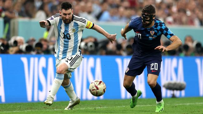 Lionel Messi gets the better of Josko Gvardiol during Argentina’s convincing 3-0 win over Croatia in their World Cup semi-final at Lusail Stadium. Picture: Getty Images