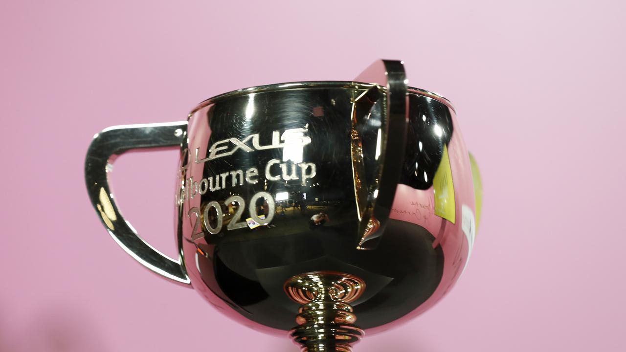 MELBOURNE, AUSTRALIA - NOVEMBER 02: The Melbourne Cup trophy is seen during a Melbourne Cup press conference at Flemington Racecourse on November 02, 2020 in Melbourne, Australia. (Photo by Darrian Traynor/Getty Images)