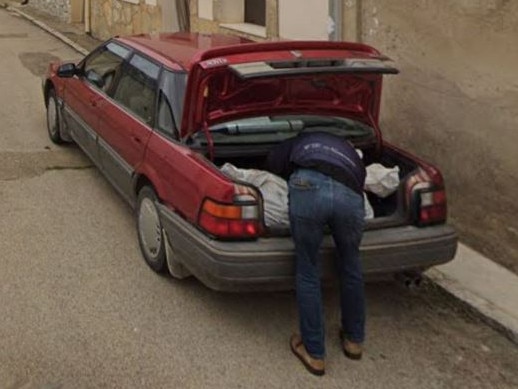 This image helped police investigate a missing person's case in Spain. Pic: Google Maps Street View . A Google street view image of a man loading a large white plastic bag into the boot of his car has led to the arrest of two people on suspicion of murder. Picture Google