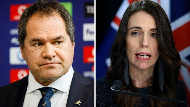 NZ Prime Minister Jacinda Ardern, right, says the Wallabies, led by coach Dave Rennie, left, will be able to train during quarantine ahead of Bledisloe Cup Tests. Picture: Getty Images