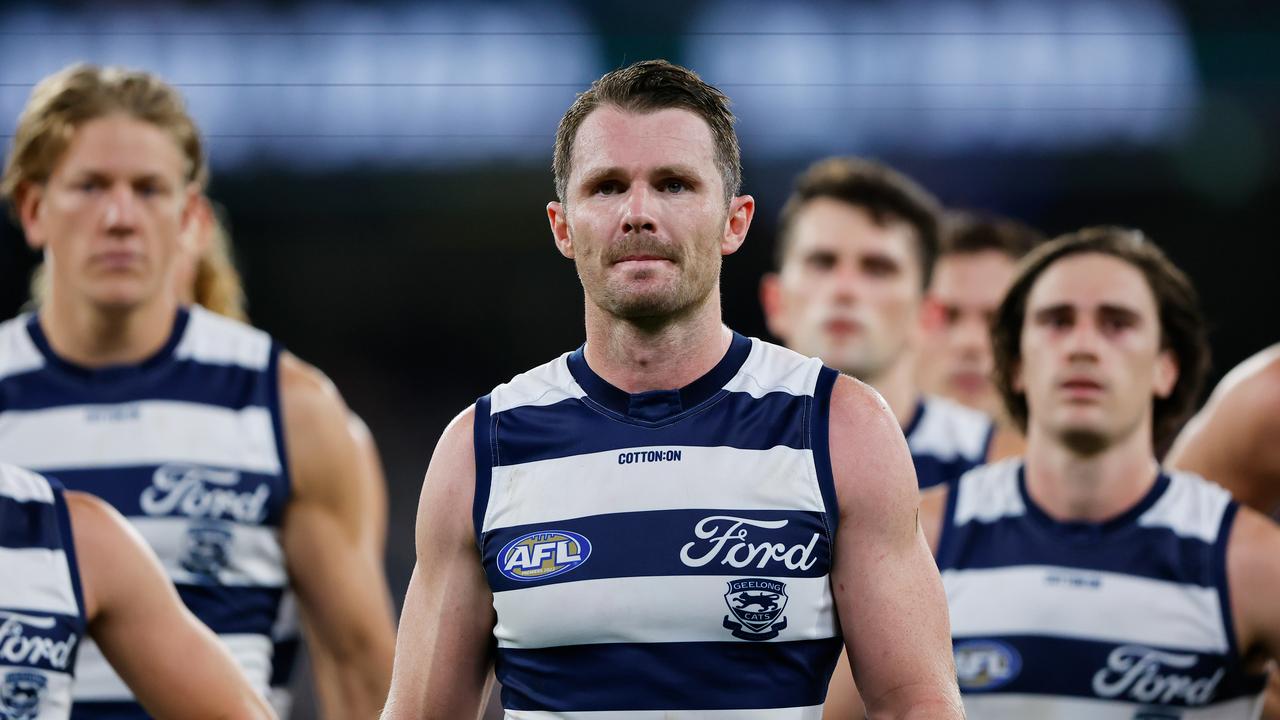 MELBOURNE, AUSTRALIA - MARCH 23: Patrick Dangerfield of the Cats looks dejected after a loss during the 2023 AFL Round 02 match between the Carlton Blues and the Geelong Cats at the Melbourne Cricket Ground on March 23, 2023 in Melbourne, Australia. (Photo by Dylan Burns/AFL Photos via Getty Images)