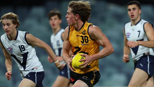 PERTH, AUSTRALIA - JUNE 30: Daniel Curtin of Western Australia in action during the 2023 AFL National Championships U18 Boys match between Western Australia and Vic Country at the WACA on June 30, 2023 in Perth, Australia. (Photo by Paul Kane/AFL Photos/via Getty Images)