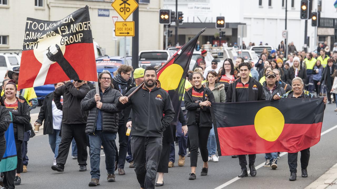 Nathan Gaulton leads the NAIDOC Week march in Toowoomba. Monday, July 4, 2022. Picture: Nev Madsen.