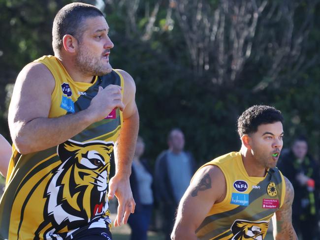 Guy Sebastian and Brendan Fevola Play Footy for the struggling VAFA side Masala Thirds. Guy ended up getting injured and taken off. Fevola centre and Sebastian on R. Saturday, May 10. 2025. Picture: David Crosling