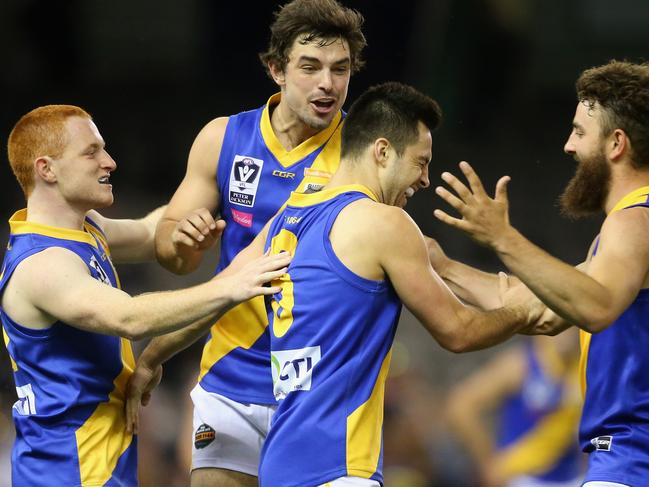 MELBOURNE, AUSTRALIA - SEPTEMBER 27:  Michael Gibbons of the Seagulls is congratulated by team mates after kicking a goal during the VFL Grand Final match between Williamstown and Box Hill at Etihad Stadium on September 27, 2015 in Melbourne, Australia.  (Photo by Quinn Rooney/Getty Images)