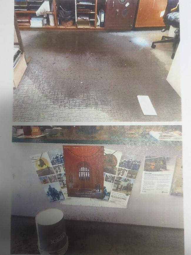 Photos presented to the Chinchilla Magistrates Court showing the damage done to the Miles police station front desk and floor after Sesia was sentenced for dumping a bucket of "matter" on it.