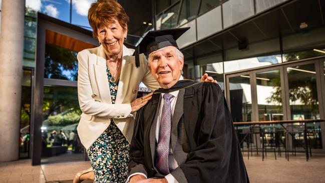 Gerry Moore graduated from a UniSA law degree at 76-years-old, pictured with wife Bernadette. Picture: Tom Huntley