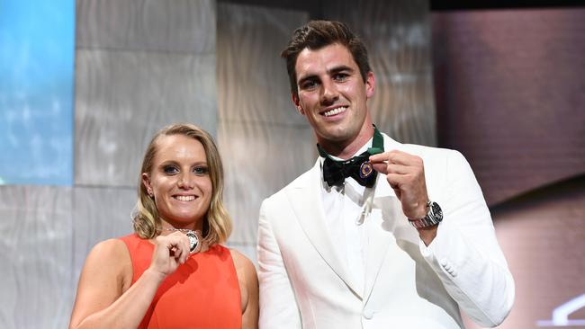 MELBOURNE, AUSTRALIA - FEBRUARY 11: Alyssa Healy winner of the Belinda Clark Award and Pat Cummins the winner of the Allan Border Medal pose during the 2019 Australian Cricket Awards at Crown Palladium on February 11, 2019 in Melbourne, Australia. (Photo by Quinn Rooney/Getty Images)