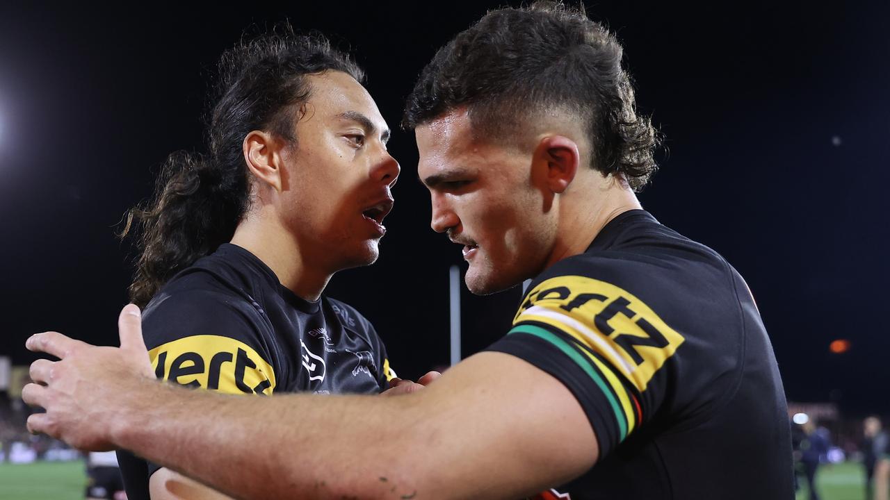 PENRITH, AUSTRALIA - SEPTEMBER 09: Jarome Luai of the Panthers and Nathan Cleary of the Panthers celebrate after the NRL Qualifying Final match between the Penrith Panthers and the Parramatta Eels at BlueBet Stadium on September 09, 2022 in Penrith, Australia. (Photo by Mark Kolbe/Getty Images)