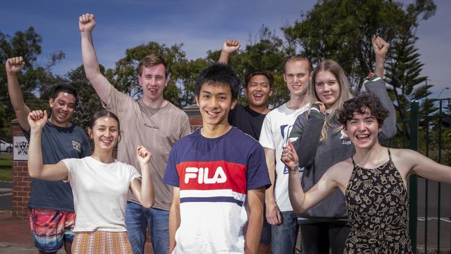 Mordialloc College students David Le with Kijana Pauline, William James Lhuede-O’Meara, Jasmine Ristevski, Noreigh Zuniga, Callum Roberts, Anya Biaroza and Ava Collison. Picture: Wayne Taylor