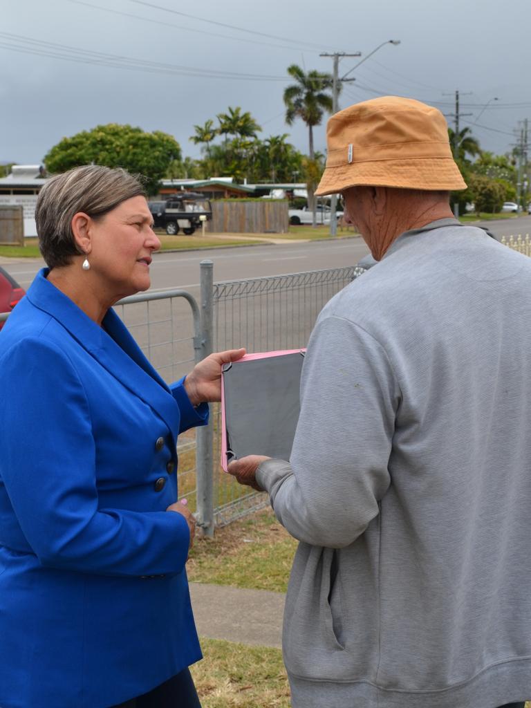 LNP candidate for Mundingburra Janelle Poole with resident John, who runs the North Queensland Crime out of Control Facebook page. Picture: Nikita McGuire