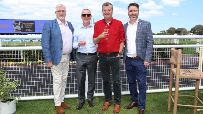 MELBOURNE, AUSTRALIA – OCTOBER 16 2024 Jim, Steve, Mick and Rusty at the Caulfield Social race day at Caulfield racecourse on Wednesday 16th October, 2024 Picture: Brendan Beckett