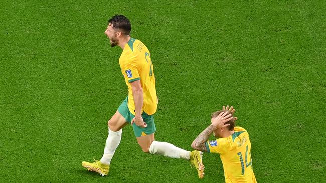 Mathew Leckie of Australia celebrates after scoring their team's first goal during the FIFA World Cup Qatar 2022 Group D match between Australia and Denmark in Qatar. Picture: Dan Mullan/Getty Images