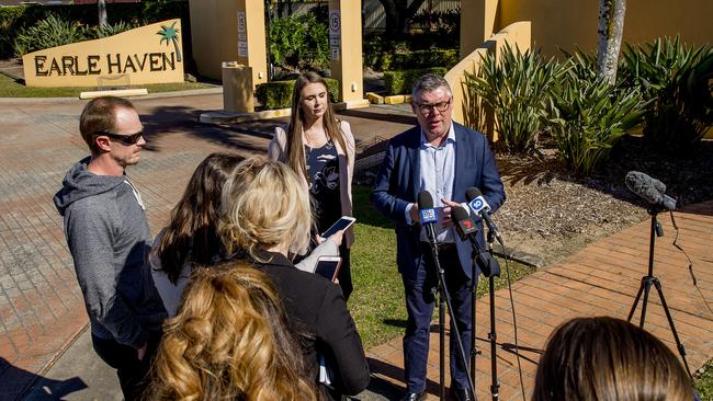 Senator Murray Watt and Member for Gaven, Meaghan Scanlon, talking to the media on new revelations regarding Federal Government failures at the Earle Haven aged care facility in Nerang. Picture: Jerad Williams