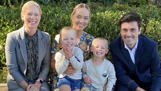 Labor Leader Rebecca White and Bass candidate Will Gordon with nurse Sophie Johnson and her three-year-old twin boys Rhylan and Rhyder Street. Picture: Supplied.