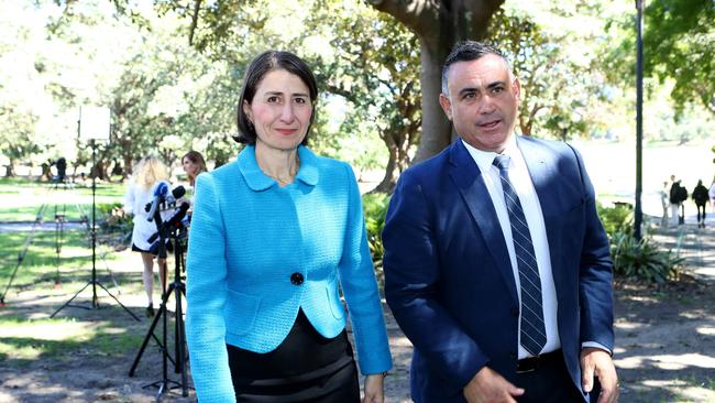 31/03/2019: (L-R) NSW Premier Gladys Berejiklian and her deputy John Barilaro announcing their cabinet lineup in Sydney on Sunday. Hollie Adams/The Australian