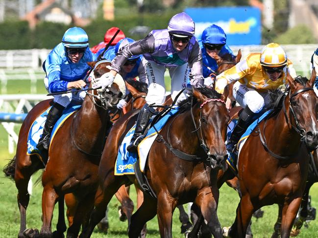 MELBOURNE, AUSTRALIA - FEBRUARY 24: Jamie Kah riding Hayasugi defeats Adam Hyeronimus riding Lady of Camelot to win Race 8, the Sportsbet Blue Diamond Stakes, during Melbourne Racing at Caulfield Racecourse on February 24, 2024 in Melbourne, Australia. (Photo by Vince Caligiuri/Getty Images)