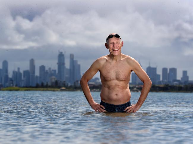 09/10/2019 Don Warner, 67, after a swim at Brighton Beach. Don has been an Iceberger for decades. He understands the value of maintaining both physical health and a sense of community among his Icebergers.Picture: David Geraghty, The Australian.