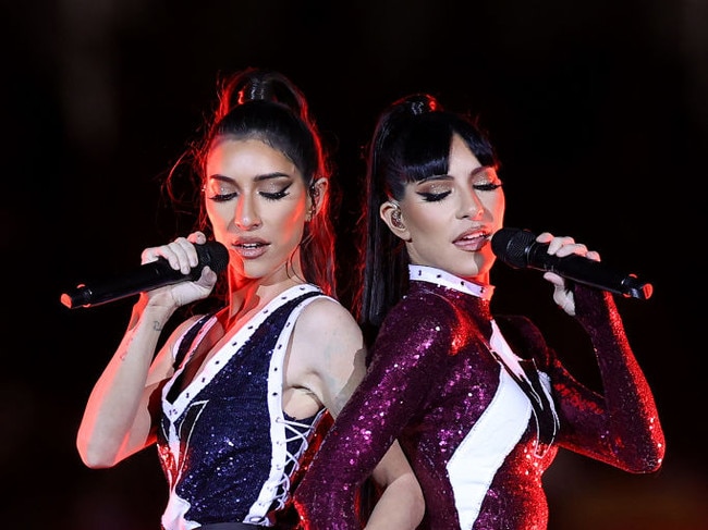 Lisa Origliasso and Jessica Origliasso of The Veronicas perform before game one of the 2021 State of Origin.