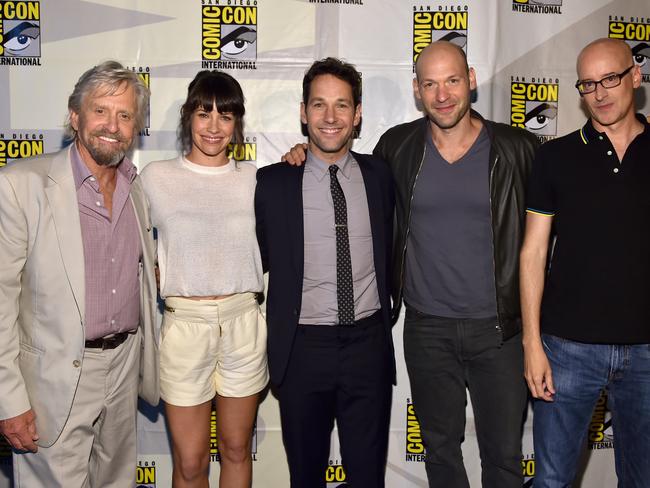 Actors Michael Douglas, Evangeline Lilly, Paul Rudd, Corey Stoll and director Peyton Reed attend Marvel’s Hall H Panel for “Ant-Man” during Comic-Con International 2014 at San Diego Convention Center on July 26, 2014 in San Diego, California. Picture: Getty