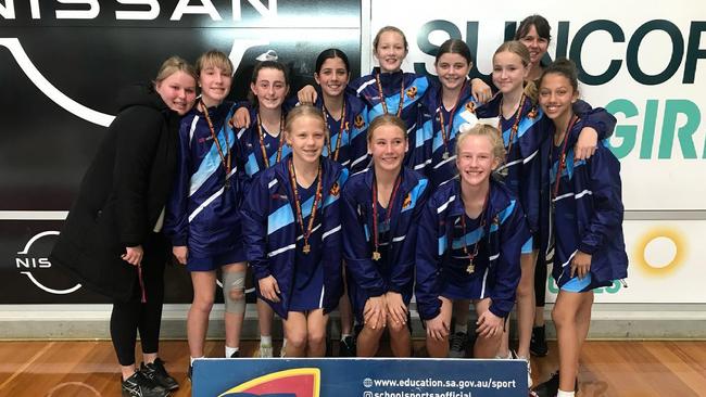 The victorious Year 7 Airport team, after winning the Sapsasa netball metro division one title. Picture: School Sport SA