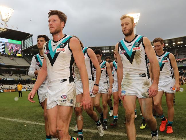 AFL: Round 22. Collingwood vs. Port Adelaide at the MCG.  Port Adelaide after their loss. Picture: Alex Coppel